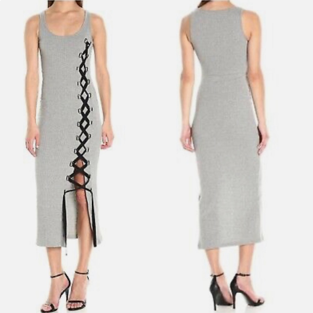 French Connection Grey Ribbed Lace Up Midi Dress
